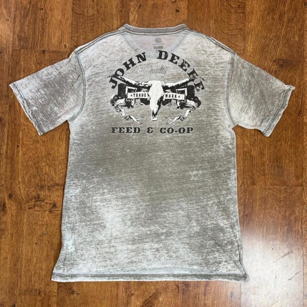 John Deere Grey Burnout Graphic T-Shirt Cow‎ Skull Feed & Co-Op Mens Large